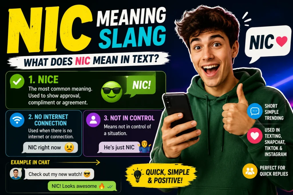 Colorful infographic thumbnail explaining “NIC meaning slang,” featuring a smiling young person holding a phone, bold “NIC Meaning” text, and sections showing meanings like “nice,” “no internet connection,” and “not in control” with chat-style examples.