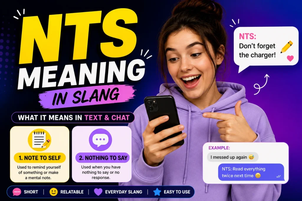 Bright, modern thumbnail explaining “NTS meaning slang,” featuring a smiling young woman holding a phone, bold “NTS Meaning” text, and sections showing “note to self” and “nothing to say” with chat-style examples.