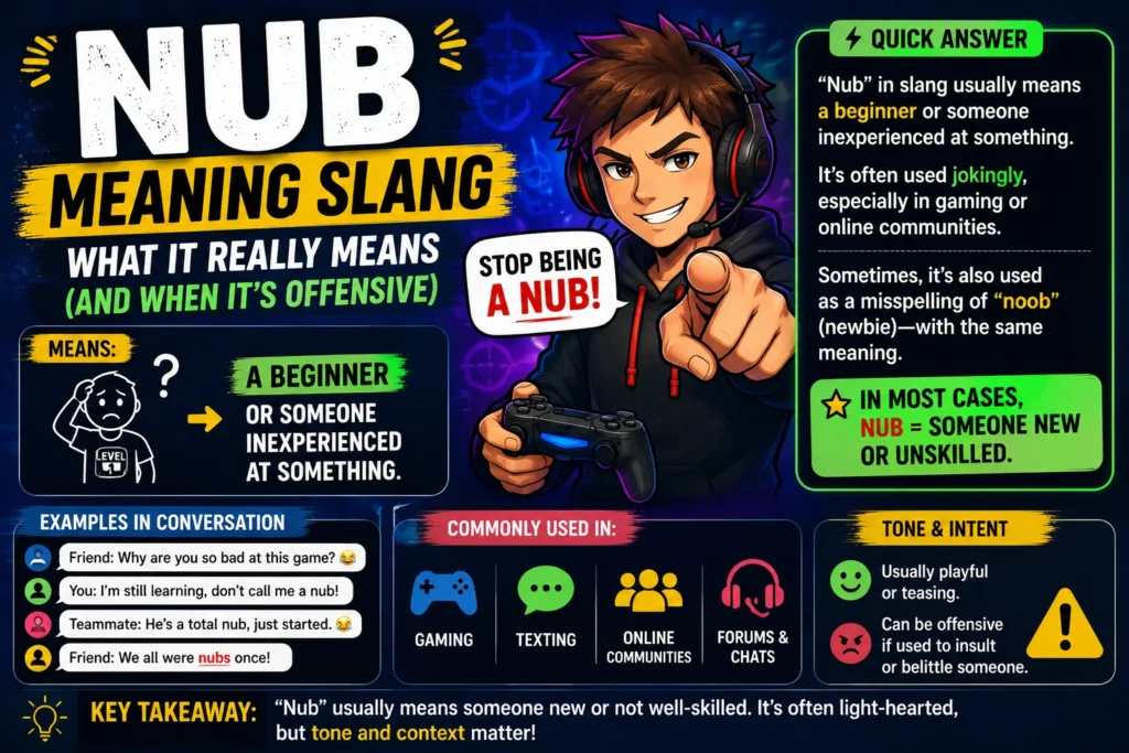 "Nub meaning slang infographic featuring a gamer with a controller, explaining that 'nub' means a beginner or inexperienced person, with examples from gaming, texting, and online communities."