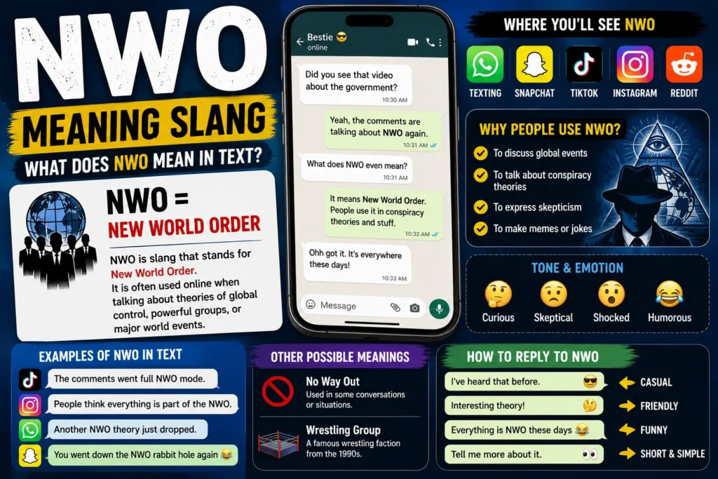 "NWO meaning slang infographic explaining 'New World Order' with a smartphone chat, social media icons, conversation examples, and common online usage in texting, TikTok, Instagram, Snapchat, and internet discussions."