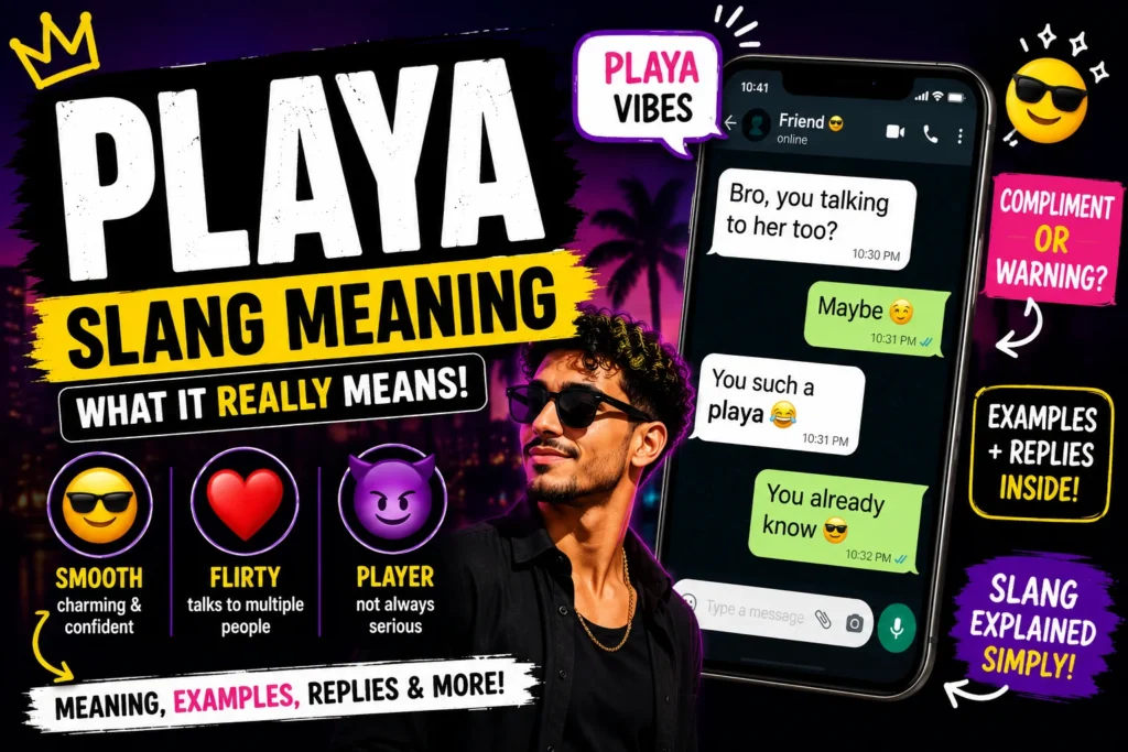 Bright YouTube-style thumbnail showing “Playa slang meaning” with bold text, emojis, and a confident man beside a smartphone chat illustrating flirty “player” behavior in a modern texting scene.