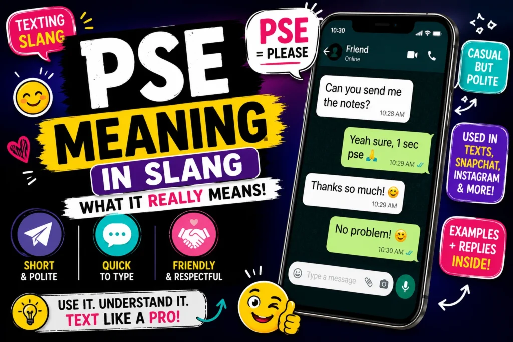Bright, colorful thumbnail showing “PSE meaning in slang” with bold text, emojis, and a smartphone chat example explaining “please” in a casual, friendly texting conversation.