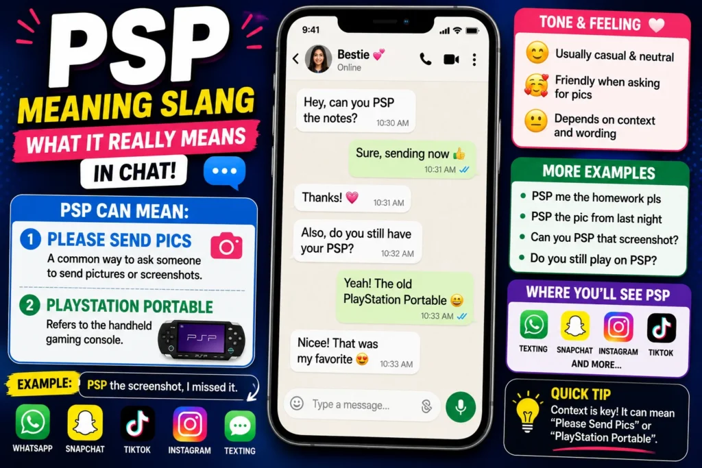 “Colorful infographic explaining the slang meaning of PSP, showing a smartphone chat example and highlighting ‘Please Send Pics’ and ‘PlayStation Portable’ with icons, examples, and social media context.”