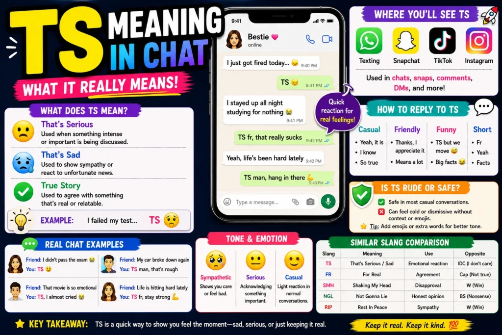 Bright, colorful infographic explaining “TS meaning in chat,” featuring a smartphone conversation example, emojis for tone (sad, serious, casual), sections on usage, replies, and where it appears like texting, Snapchat, TikTok, and Instagram.