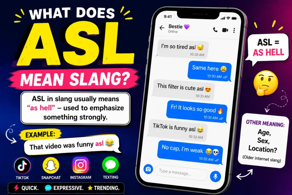 Colorful infographic thumbnail explaining “ASL slang meaning,” featuring bold yellow text, a smartphone chat conversation, social media icons, and highlights for “as hell” and “age, sex, location” meanings on a vibrant gradient background.