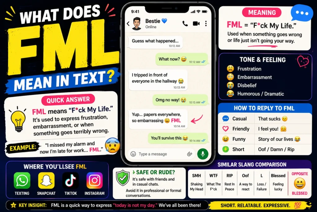 Colorful infographic explaining “FML” meaning in text, featuring a smartphone chat example, definition (“F*ck My Life”), emotional tone icons, reply ideas, and social media usage (Snapchat, TikTok, Instagram).