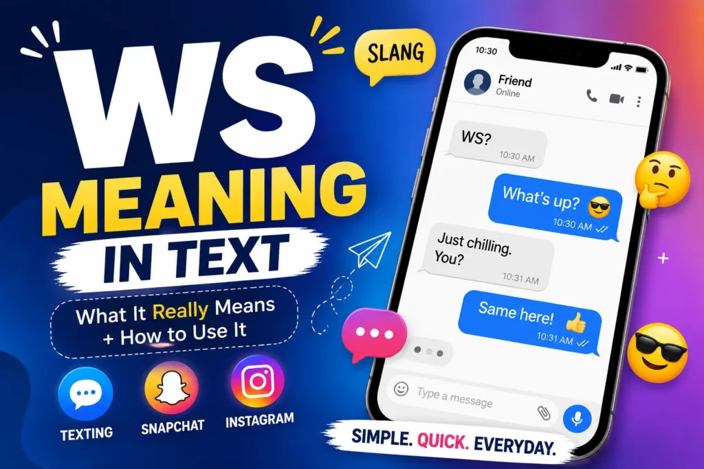 Colorful infographic showing “WS Meaning in Text” with a smartphone chat displaying “WS?” and replies like “What’s up?” alongside Snapchat and Instagram icons and expressive emojis.