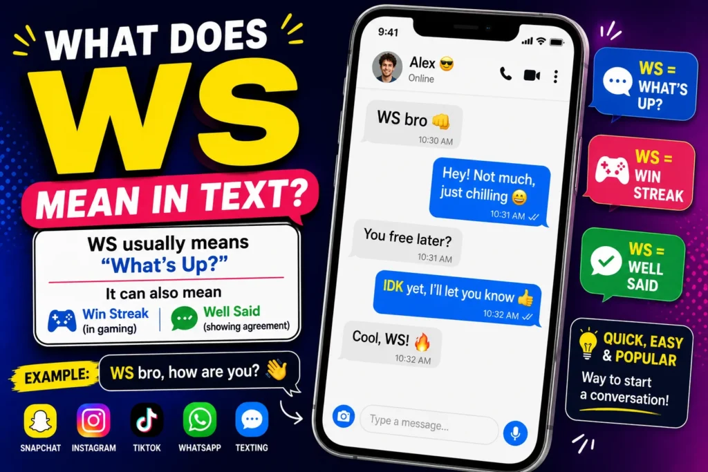 Colorful infographic explaining “WS meaning in text,” showing a smartphone chat example with messages like “WS bro” and replies, alongside definitions such as “What’s Up,” “Win Streak,” and “Well Said,” plus social media icons for Snapchat, Instagram, TikTok, and WhatsApp.