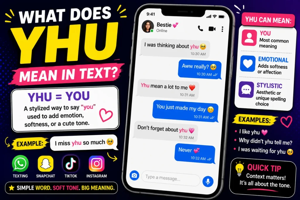 Bright, colorful infographic explaining “YHU meaning in text,” featuring a smartphone chat conversation with emotional messages, highlighting “YHU = YOU,” and showing examples, tone explanations, and social media icons like Snapchat, TikTok, Instagram, and texting apps.