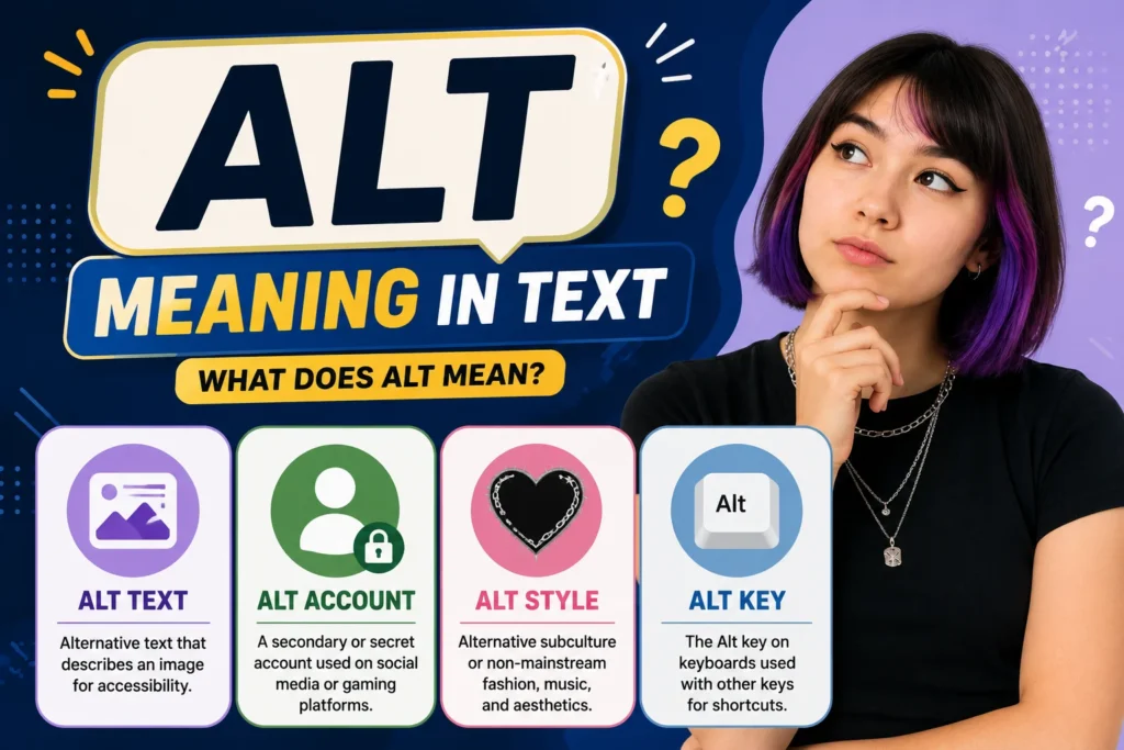Featured image for "Alt Meaning in Text" showing a stylish alternative young woman with colorful hair and modern streetwear alongside icons representing Alt Text, Alt Account, Alt Style, and the Alt Key on a clean purple, teal, and black gradient background with minimal text.