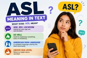Featured image for ASL meaning in text showing a curious young woman with a smartphone beside the keyword ASL and its possible meanings: Age, Sex, Location, As Hell, American Sign Language, and Above Sea Level.