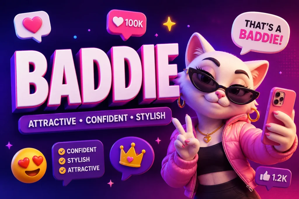Premium 3D featured image for "Baddie Slang Meaning" with large bold "BADDIE" text on the left and the subtitle "Attractive • Confident • Stylish." On the right, a fashionable Cyber Cat wearing sunglasses takes a selfie with a smartphone against a vibrant purple and pink neon gradient background. Social media-inspired elements, including heart notifications, speech bubbles, emojis, sparkles, and chat icons, highlight the modern online meaning of the slang term "baddie."
