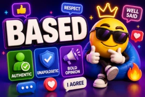 Premium 3D featured image for "Based Slang Meaning" featuring a cool sunglasses emoji character giving a thumbs-up while relaxing in a beanbag beside a large "BASED" title. The design highlights the meanings "Authentic," "Unapologetic," and "Bold Opinion," with speech bubbles reading "Respect," "Well Said," and "I Agree," surrounded by social media icons, emojis, glowing neon purple and blue gradients,
