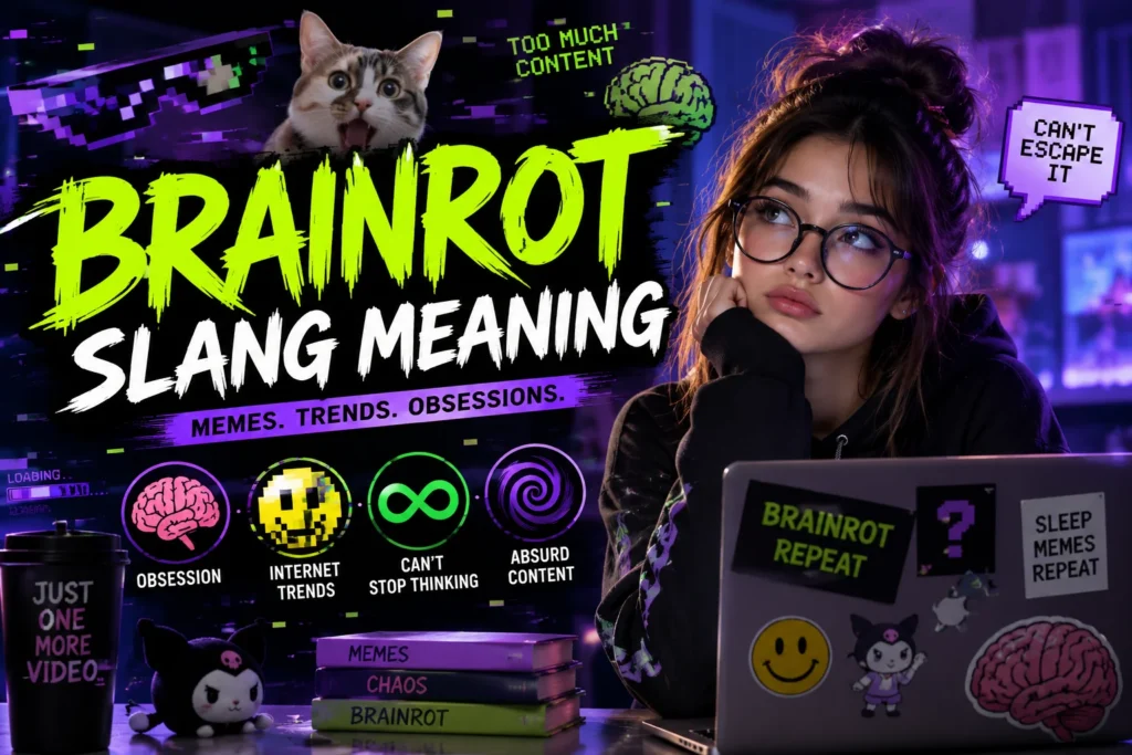 Featured image for 'Brainrot Slang Meaning' showing a young woman at a laptop surrounded by meme-inspired graphics and the keywords 'Brainrot Slang Meaning,' representing internet obsession, viral trends, repetitive thoughts, and absurd online content.