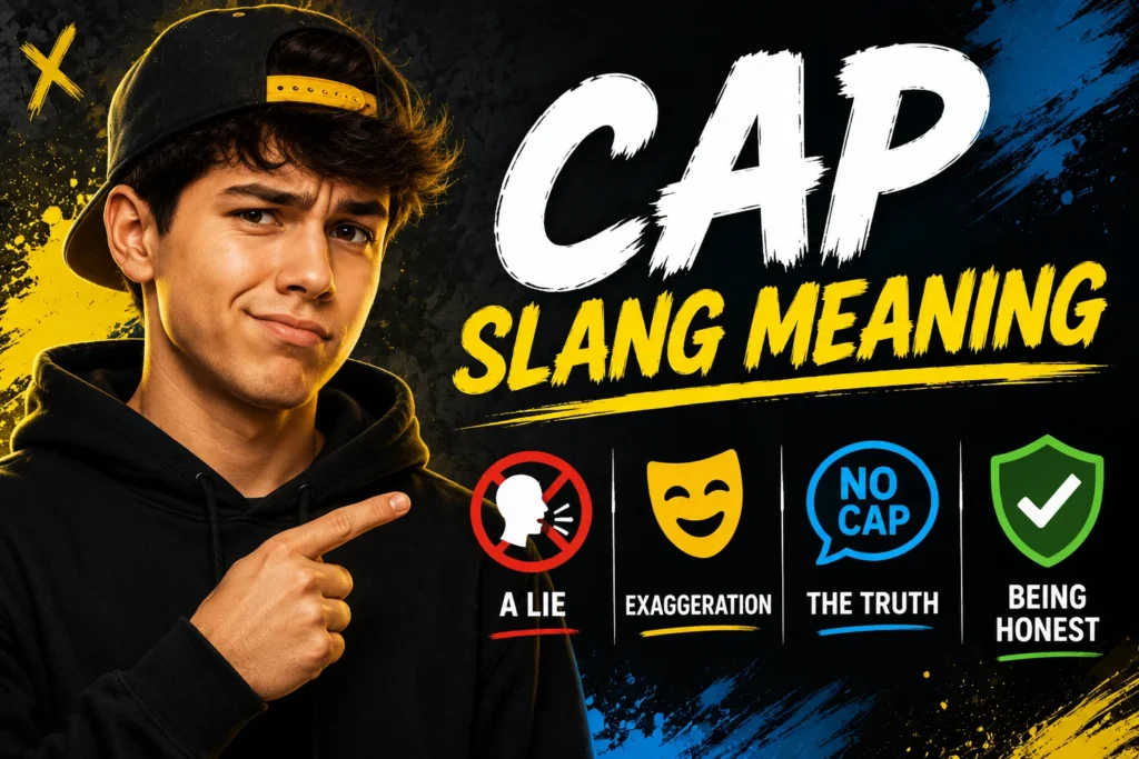 "Featured image for 'Cap Slang Meaning' showing a confident young man in a backward baseball cap pointing toward the title 'Cap Slang Meaning,' with visual icons representing the possible meanings: 'A Lie,' 'Exaggeration,' 'No Cap,' and 'Being Honest' on a bold black, yellow, and blue graffiti-style background."