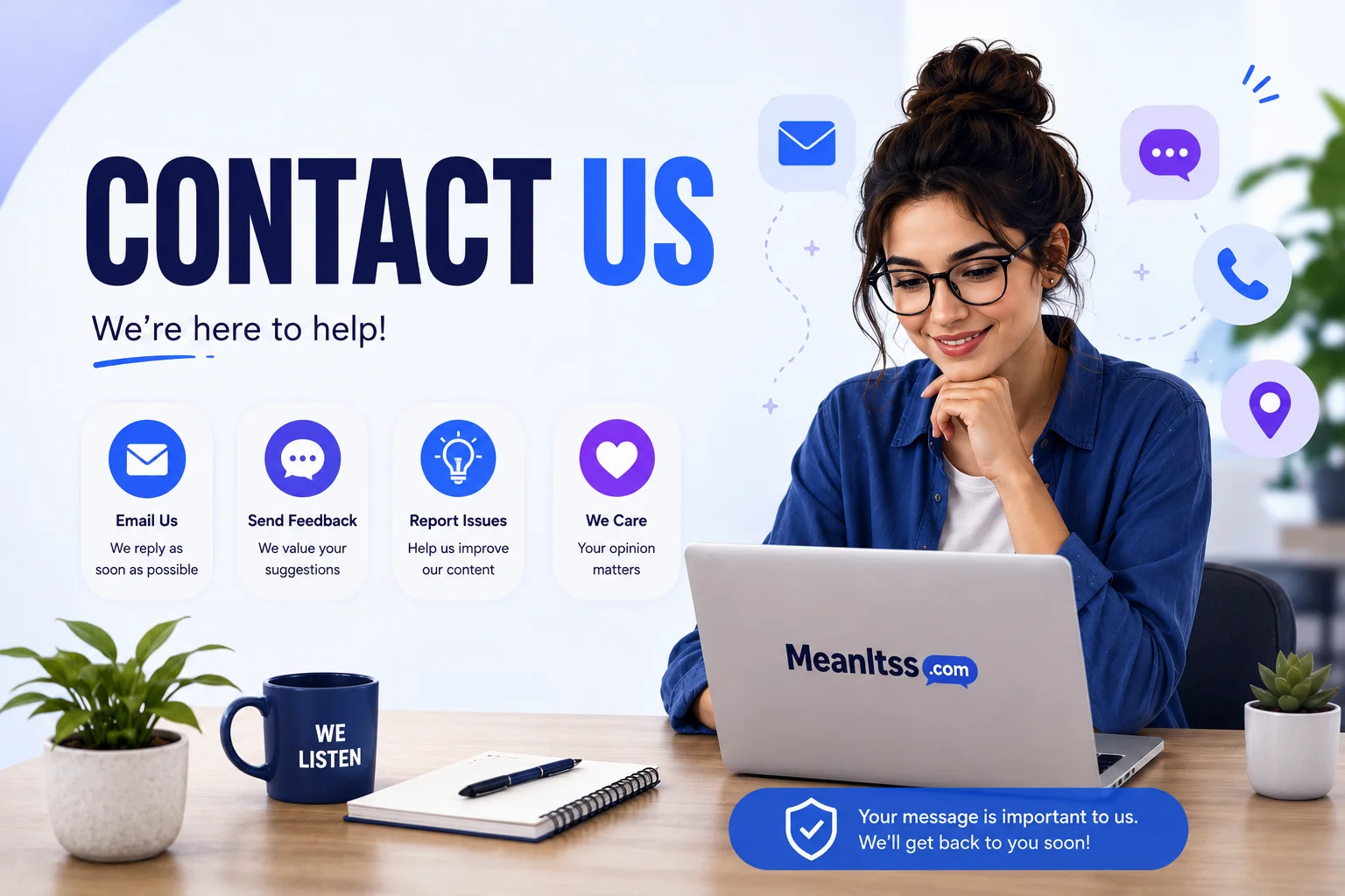 Professional Contact Us page illustration for MeanItss.com featuring a friendly customer support representative at a laptop with email, chat, phone, and location icons, representing communication, assistance, and user support