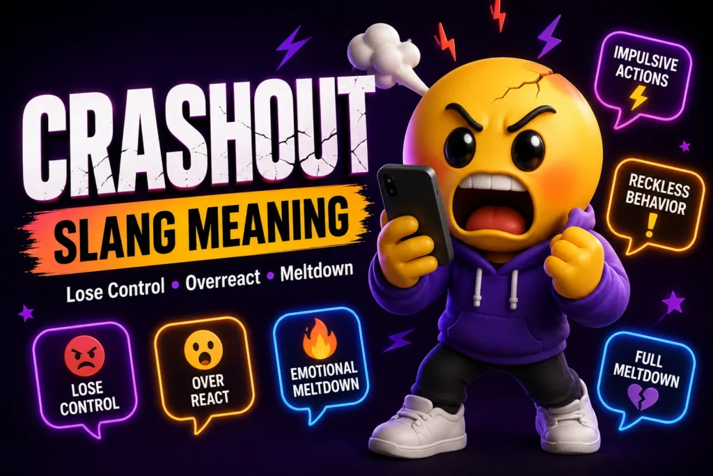 Crashout Slang Meaning featured image showing an angry 3D emoji mascot in a purple hoodie holding a smartphone, surrounded by speech bubbles and icons representing emotional meltdown, losing control, overreacting, impulsive actions, and reckless behavior, illustrating the modern internet slang meaning of "crashout."