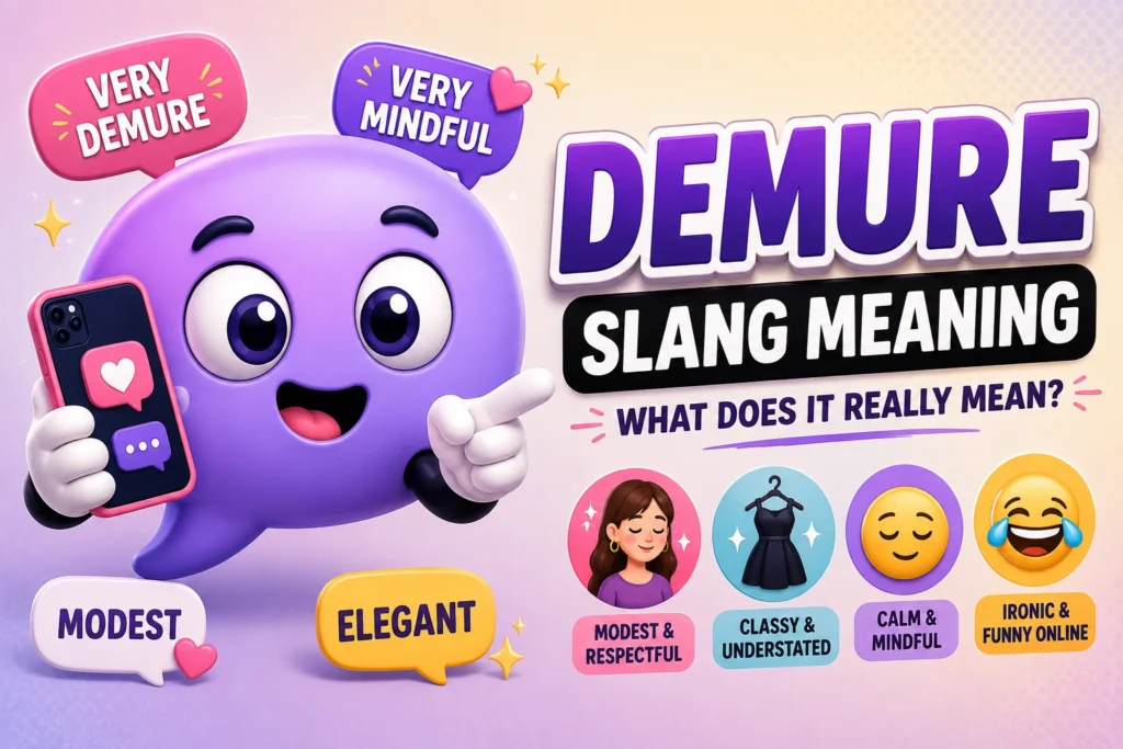 Demure Slang Meaning featured image showing a friendly 3D chat bubble mascot holding a smartphone, surrounded by keywords and icons representing very demure, very mindful, modest, elegant, classy and understated, calm, and ironic online humor, illustrating the modern TikTok slang meaning of "demure."