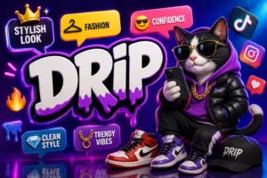 Colorful 3D featured image for 'Drip' slang meaning showing a stylish cyber cat in streetwear holding a smartphone beside bold DRIP text, with fashion icons, social media elements, and keywords including Stylish Look, Fashion, Confidence, Clean Style, and Trendy Vibes on a vibrant purple-blue neon background