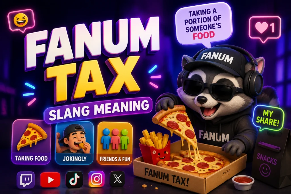 Premium 3D featured image for "Fanum Tax Slang Meaning" featuring large bold "FANUM TAX" text with the subtitle "Slang Meaning." A mischievous 3D cartoon raccoon wearing sunglasses, headphones, and a hoodie playfully grabs a slice of pizza to represent the viral Fanum tax meme. Colorful panels highlight Taking Food, Jokingly, and Friends & Fun, surrounded by speech bubbles, emojis, fries, pizza, social media icons, chat notifications, neon purple and blue lighting