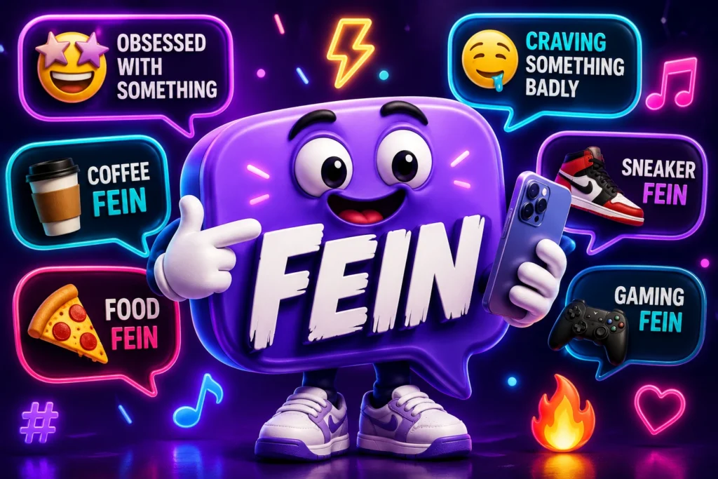 3D cartoon featured image explaining FEIN slang meaning with a stylish fox character using a smartphone, surrounded by chat bubbles showing 'Obsessed,' 'Craving,' 'Can't Get Enough,' and 'Really Wants Something' on a neon purple gaming-style background with the keyword 'FEIN Slang Meaning'