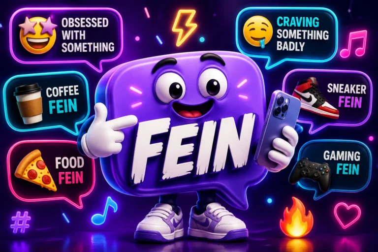 3D cartoon featured image explaining FEIN slang meaning with a stylish fox character using a smartphone, surrounded by chat bubbles showing 'Obsessed,' 'Craving,' 'Can't Get Enough,' and 'Really Wants Something' on a neon purple gaming-style background with the keyword 'FEIN Slang Meaning'