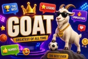 GOAT slang meaning featured image with a stylish 3D cartoon goat wearing sunglasses and a gold chain beside bold GOAT text, representing "Greatest of All Time," with trophy icons, crown, sports elements, colorful speech bubbles, and a vibrant neon purple-blue background