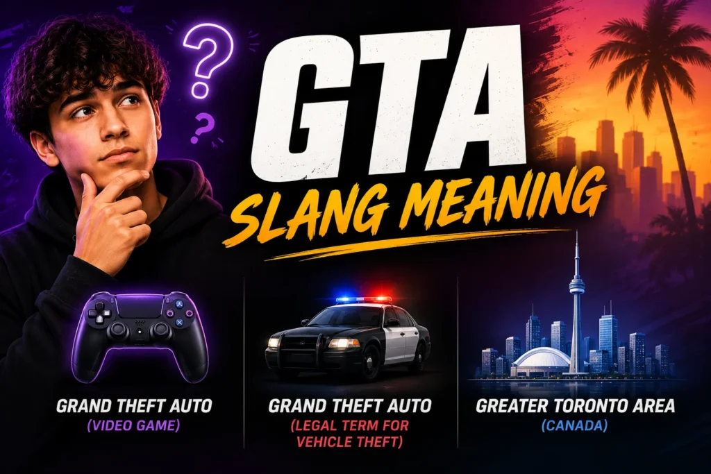 Featured image for GTA slang meaning showing a thoughtful young man alongside the keyword GTA and its three common meanings: Grand Theft Auto video game, grand theft auto as a legal term for vehicle theft, and the Greater Toronto Area in Canada.