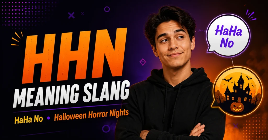 Featured image for HHN Meaning Slang showing a smiling young man beside the keyword HHN with its two meanings: HaHa No and Halloween Horror Nights, illustrated with a speech bubble and haunted house icon.
