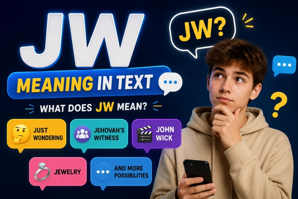 Featured image for JW meaning in text showing a thoughtful young man holding a smartphone with the keyword JW and its possible meanings: Just Wondering, Jehovah's Witness, John Wick, Jewelry, and other common interpretations.
