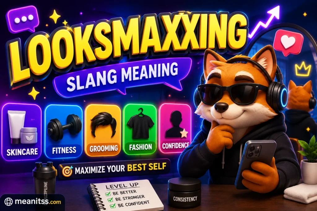 Premium 3D featured image for "Looksmaxxing Slang Meaning" featuring large bold "LOOKSMAXXING" text with the subtitle "Slang Meaning." A stylish 3D cartoon fox wearing sunglasses, headphones, and a black hoodie holds a smartphone beside colorful icons representing skincare, fitness, grooming, fashion, and confidence. The vibrant neon purple and blue background includes social media chat bubbles, heart notifications, an upward growth arrow, sparkles, and subtle