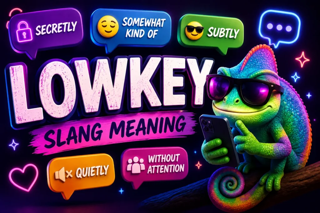Premium 3D featured image for "Lowkey Slang Meaning" featuring large bold "LOWKEY" text with the subtitle "Secretly • Somewhat • Subtly • Quietly." A colorful 3D chameleon wearing sunglasses and holding a smartphone sits on a branch against a vibrant purple, pink, and blue neon background. Bright speech bubbles, emojis, sparkles, chat icons, and social media notifications illustrate the different meanings of the slang term "lowkey" in modern online conversations.