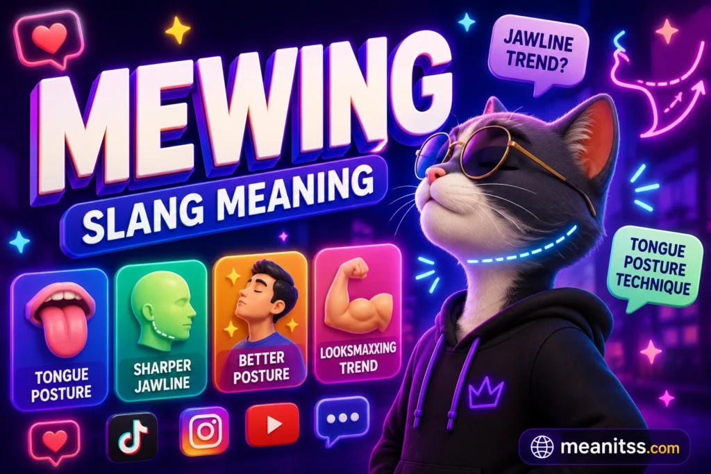 Premium 3D featured image for "Mewing Slang Meaning" featuring large bold "MEWING" text with the subtitle "Slang Meaning." A stylish 3D cat wearing sunglasses and a black hoodie demonstrates proper jaw posture against a vibrant purple and blue neon background. Colorful panels highlight Tongue Posture, Sharper Jawline, Better Posture, and Looksmaxxing Trend, while speech bubbles reading "Jawline Trend?" and "Tongue Posture Technique", along with social media icons, chat notifications, sparkles