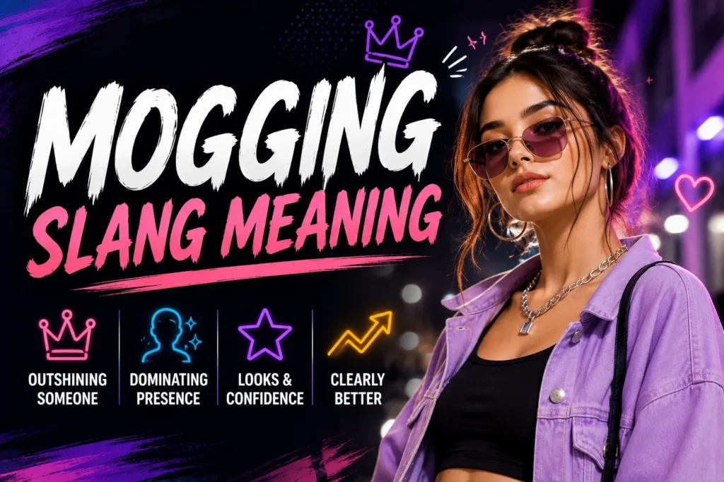 "Featured image for 'Mogging Slang Meaning' showing a stylish young woman confidently walking in modern streetwear while others fade into the background, alongside the keywords 'Mogging Slang Meaning' and 'Outshining • Confidence • Looks • Internet Slang' on a bold purple, black, and neon blue gradient background."