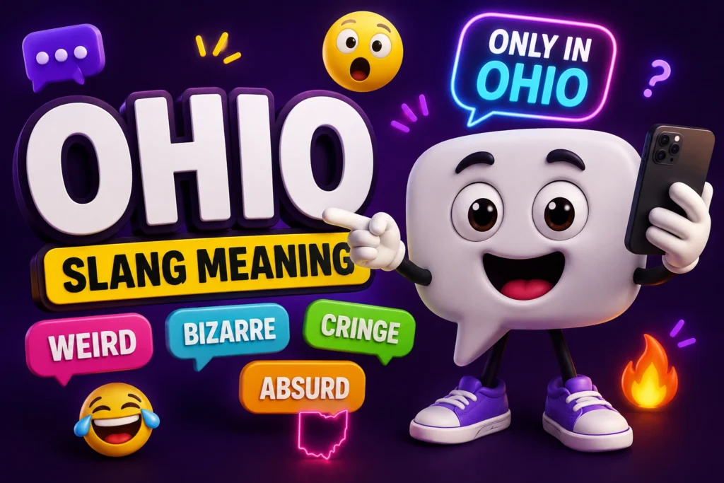 3D speech bubble mascot holding a smartphone beside the word "Ohio" with colorful icons representing weird, bizarre, absurd, and cringe internet slang meanings on a dark purple background.