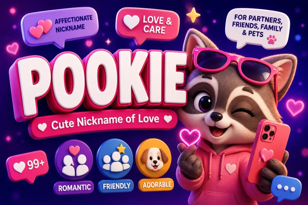 Premium 3D featured image for "Pookie Slang Meaning" featuring large bold "POOKIE" text on the left with the subtitle "Cute • Affectionate • Sweet Nickname." On the right, a lovable 3D cartoon raccoon wearing headphones hugs a heart-shaped pillow while holding a smartphone. The vibrant pink, purple, and blue gradient background includes floating hearts, chat bubbles, emojis, sparkles, and social media notifications, representing the affectionate online meaning of the slang term "Pookie."