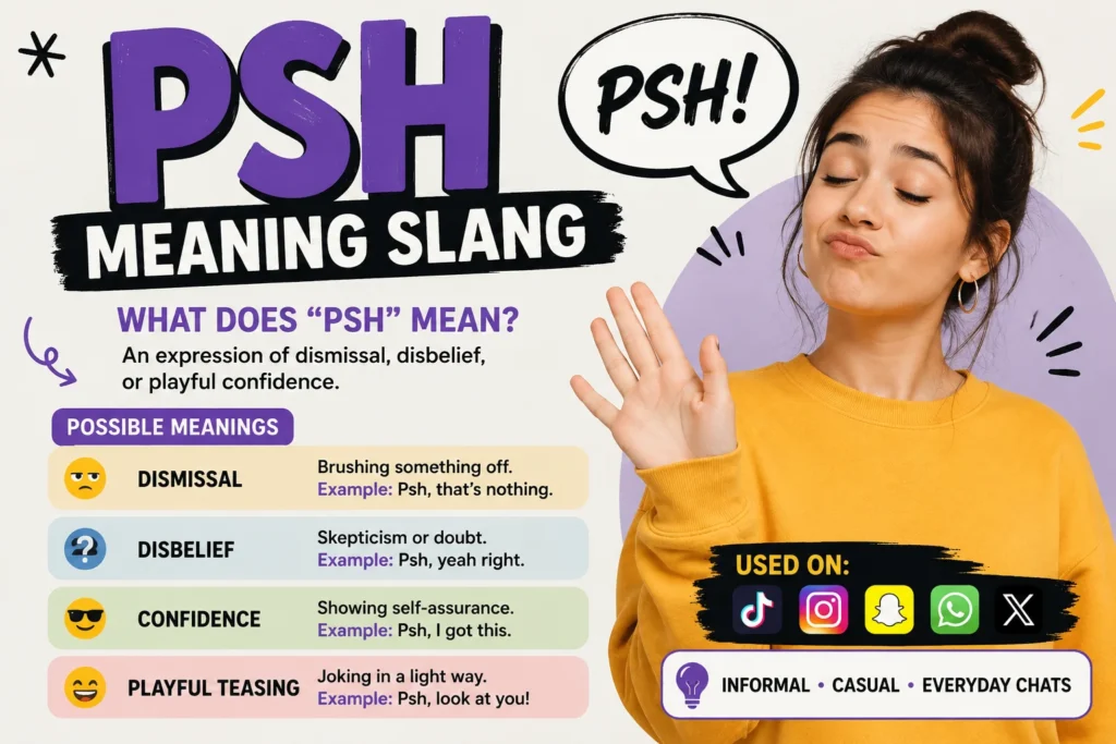 "Illustration of a young woman making a dismissive expression beside the text 'PSH Meaning Slang,' highlighting the slang's common meanings: dismissal, disbelief, confidence, and playful teasing."