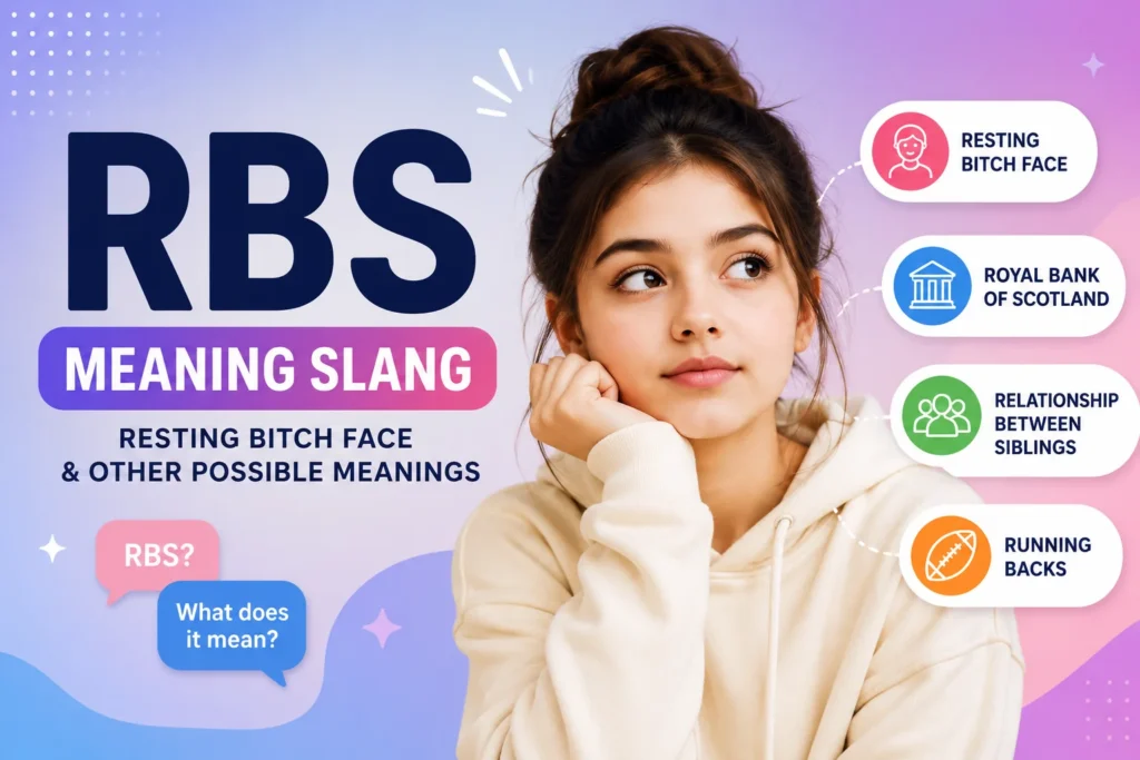 Featured image for "RBS Meaning Slang" showing a young person with a neutral facial expression alongside the keyword RBS and its possible meanings, including Resting Bitch Face, Royal Bank of Scotland, Relationship Between Siblings, and Running Backs.