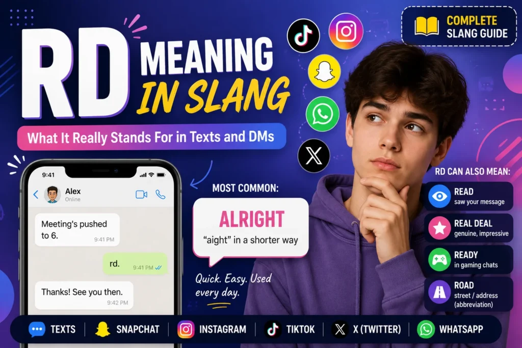 Featured image explaining RBS meaning slang with a smartphone chat, the phrase 'Resting Bitch Face,' and a neutral-faced young person illustrating the popular texting slang.