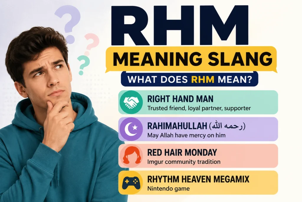 Featured image for RHM meaning slang showing a thoughtful young man beside the keyword RHM and its possible meanings, including Right Hand Man, Rahimahullah, Red Hair Monday, and Rhythm Heaven Megamix.