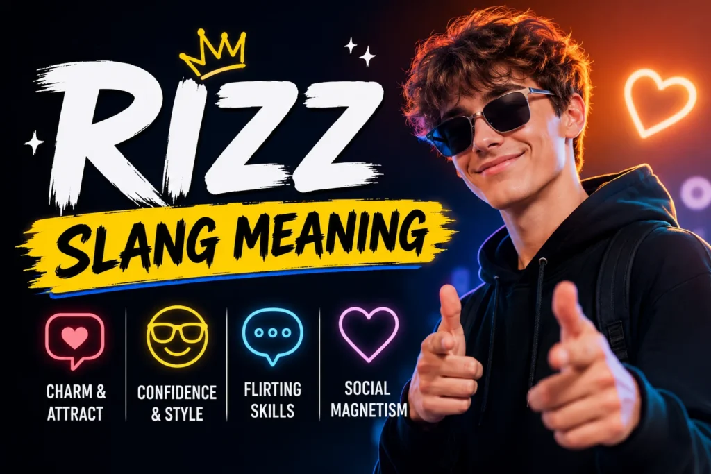 **"Featured image for 'Rizz Slang Meaning' showing a stylish young man wearing sunglasses with the keywords 'Rizz Slang Meaning' and icons representing charisma, confidence, flirting skills, and social charm."