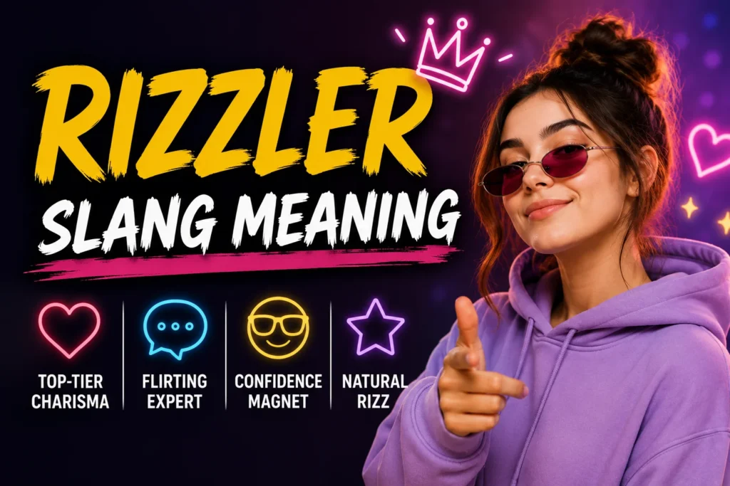 **"Featured image for 'Rizzler Slang Meaning' showing a confident young woman with a modern streetwear style, surrounded by subtle social media and chat icons, alongside the keywords 'Rizzler Slang Meaning' and 'Charisma • Flirting • Confidence • Internet Slang' on a vibrant purple and teal gradient background."