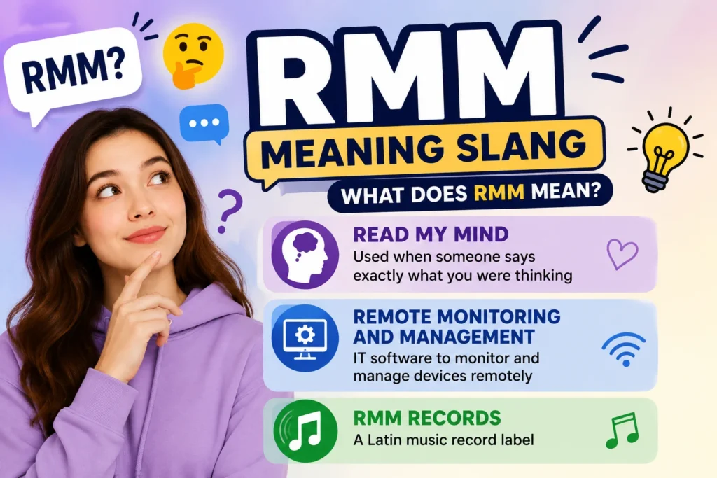 Featured image for RMM meaning slang showing a thoughtful young woman beside the keyword RMM and its possible meanings: Read My Mind, Remote Monitoring and Management, and RMM Records.