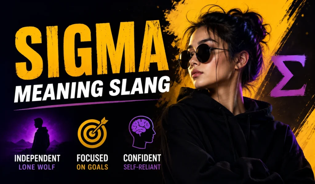 Featured image for 'Sigma Meaning Slang' showing a confident young woman wearing sunglasses beside the keywords 'Sigma Meaning Slang' with icons representing independence, focus, confidence, and the Greek letter Sigma.