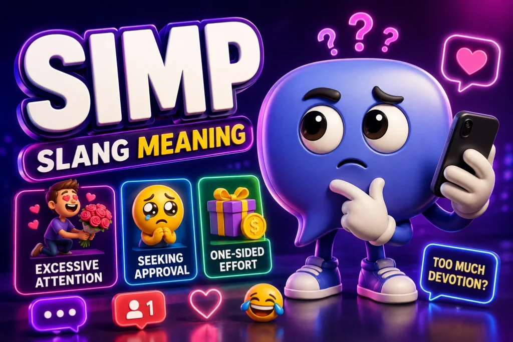 Premium 3D featured image for "Simp Slang Meaning" featuring a large "SIMP" title with a friendly 3D chat bubble mascot holding a smartphone and looking thoughtfully at incoming messages. Colorful panels highlight the possible meanings "Excessive Attention," "Seeking Approval," and "One-Sided Effort," surrounded by heart icons, chat notifications, emojis, and a vibrant neon purple, pink, and blue social media-inspired background