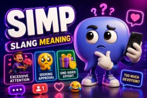 Premium 3D featured image for "Simp Slang Meaning" featuring a large "SIMP" title with a friendly 3D chat bubble mascot holding a smartphone and looking thoughtfully at incoming messages. Colorful panels highlight the possible meanings "Excessive Attention," "Seeking Approval," and "One-Sided Effort," surrounded by heart icons, chat notifications, emojis, and a vibrant neon purple, pink, and blue social media-inspired background