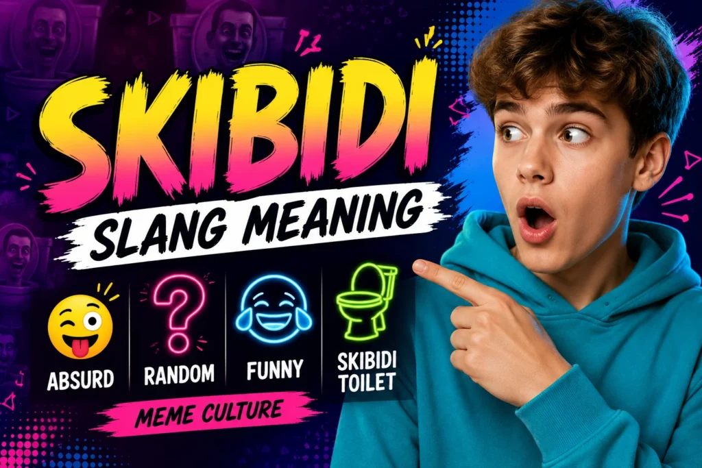 "Featured image for 'Skibidi Slang Meaning' showing a surprised young man pointing at the word 'SKIBIDI' on a colorful neon meme-style background with icons representing absurd humor, randomness, comedy, and the Skibidi Toilet meme, highlighting its internet slang meanings and viral meme culture."