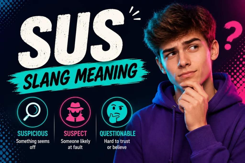 Featured image for "Sus Slang Meaning" showing a stylish young man looking suspiciously at his smartphone with the keywords "Suspicious," "Questionable," and "Sus" in a modern blue-and-black social media design.