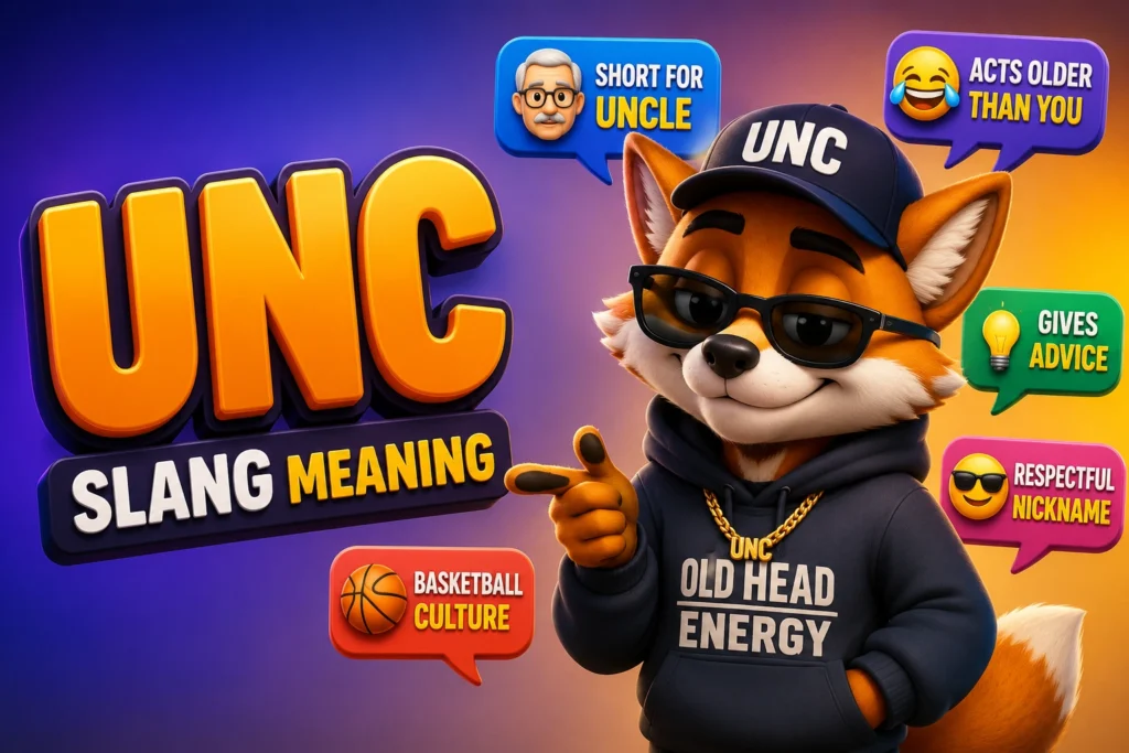 UNC Slang Meaning featured image showing a cool cartoon fox wearing sunglasses and an "UNC" cap, surrounded by speech bubbles representing short for uncle, acts older than you, gives advice, respectful nickname, and Gen Z internet slang, illustrating the modern online meaning of "unc."