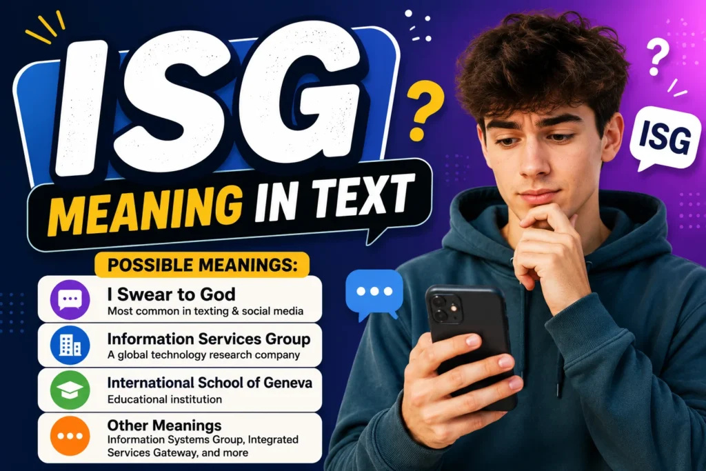 Featured image for "What Does ISG Mean in Text" showing a confident young man holding a smartphone with the keywords "ISG," "I Swear to God," "Information Services Group," and "International School of Geneva" in a modern blue and orange social media-inspired design.